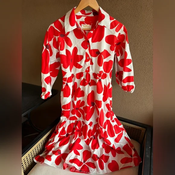 Maeve Anthropologie Bettina Midi Dress Tiered Buttondown Red Flowers SP - Picture 7 of 14